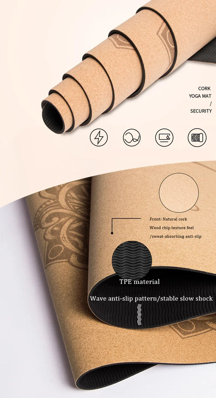 Translation missing: en.Natural Cork Yoga Mat 4.0mm – Non-Slip, Sweat-Absorbent - Print Design with Carry Bag. Available in 3 print designs