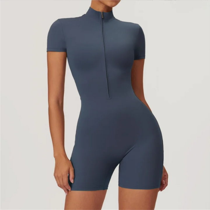 Translation missing: en.Fitted Yoga Bodysuit – Short Sleeve with Collar &amp; Half Zip. High-Stretch Comfort for Everyday Movement.  Available in 4 Colours