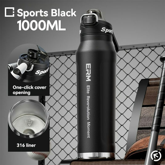 Translation missing: en.Black insulated water bottle, sports bottle 1000ml, 316 stainless steel bottle, one-click water bottle, gym water bottle Australia, BPA-free bottle, vacuum insulated, leak-proof water bottle
