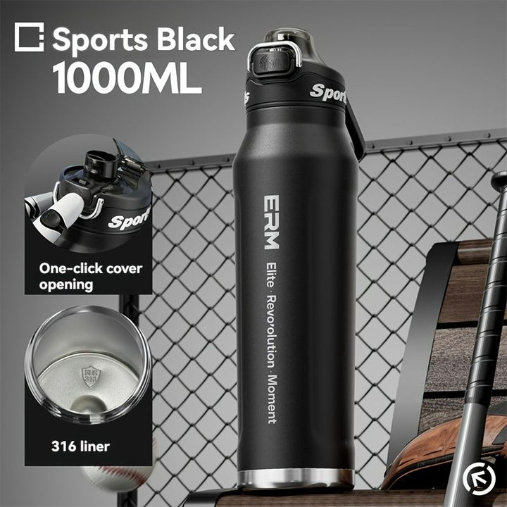 Translation missing: en.Black insulated water bottle, sports bottle 1000ml, 316 stainless steel bottle, one-click water bottle, gym water bottle Australia, BPA-free bottle, vacuum insulated, leak-proof water bottle