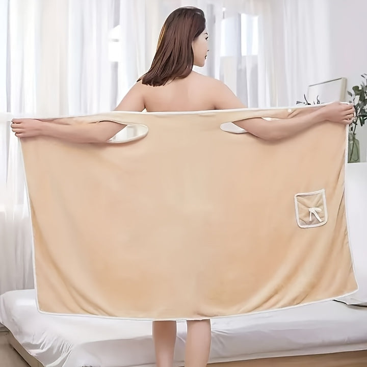 Translation missing: en.1-Piece Bath Towel with Pocket, Wearable Bath Towel, Bathroom Shower Supply, Can be Used as Robe, Nightgown, Sexy Strap Dress, Blanket, Indoor/Outdoor Fitness Sauna Shawl, Easy to Carry, Machine Washable（ khaki）