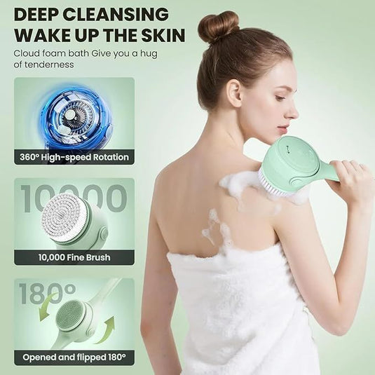 Translation missing: en.Electric Shower Body Scrubber Brush with 4 Heads, IPX5 Waterproof Rechargeable Back Cleaner for Exfoliating &amp; Massage, 2-Speed Rotating Bath Brush for Sensitive Skin (Green)