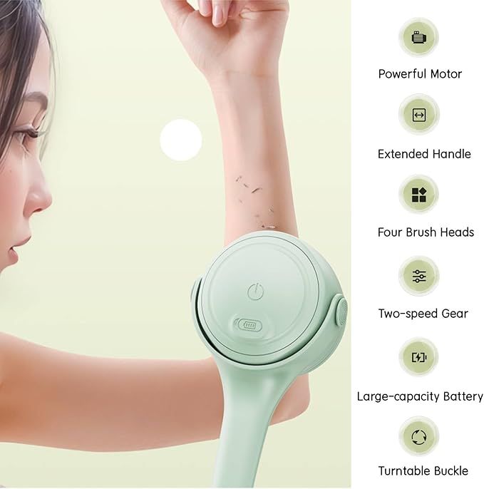 Translation missing: en.Electric Shower Body Scrubber Brush with 4 Heads, IPX5 Waterproof Rechargeable Back Cleaner for Exfoliating &amp; Massage, 2-Speed Rotating Bath Brush for Sensitive Skin (Green)