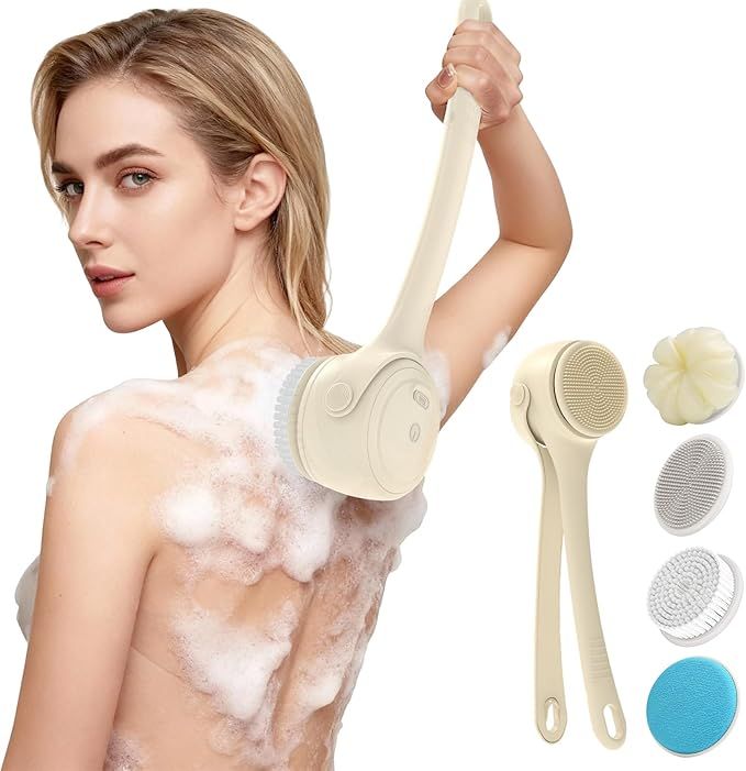 Translation missing: en.Electric Shower Body Scrubber Brush with 4 Heads, IPX5 Waterproof Rechargeable Back Cleaner for Exfoliating &amp; Massage, 2-Speed Rotating Bath Brush for Sensitive Skin (Milk coffee)