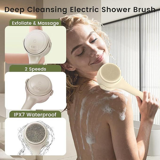 Translation missing: en.Electric Shower Body Scrubber Brush with 4 Heads, IPX5 Waterproof Rechargeable Back Cleaner for Exfoliating &amp; Massage, 2-Speed Rotating Bath Brush for Sensitive Skin (Milk coffee)