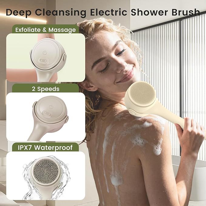 Translation missing: en.Electric Shower Body Scrubber Brush with 4 Heads, IPX5 Waterproof Rechargeable Back Cleaner for Exfoliating &amp; Massage, 2-Speed Rotating Bath Brush for Sensitive Skin (Milk coffee)