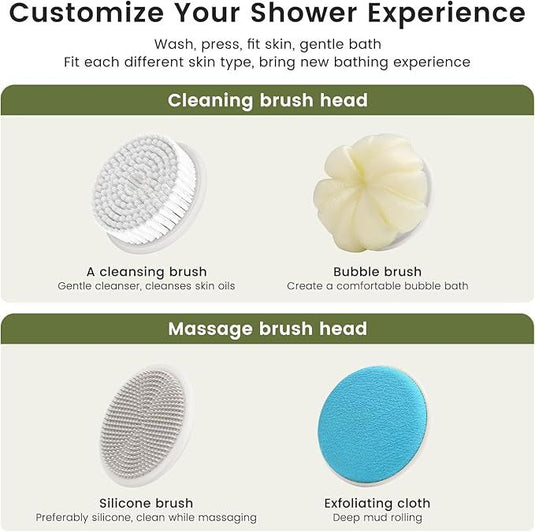 Translation missing: en.Electric Shower Body Scrubber Brush with 4 Heads, IPX5 Waterproof Rechargeable Back Cleaner for Exfoliating &amp; Massage, 2-Speed Rotating Bath Brush for Sensitive Skin (Milk coffee)