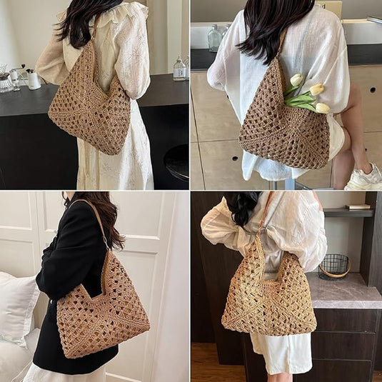 Translation missing: en.Tote Bags - Summer Beach Bags - Women's Shoulder Bags - Crochet Bags - Vintage Straw Tassen - Women's Straw Shoulder Bags - Boho Crochet Tote Bags - Perfect for travel, shopping and vacations