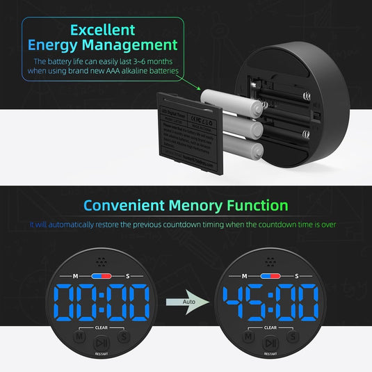 Translation missing: en.Digital Timer - Digital Kitchen Timer - Smart Timer - LED Display - Magnetic - Addition/Subtraction - Learn to Tell Time - Analog Kitchen Timer - Black