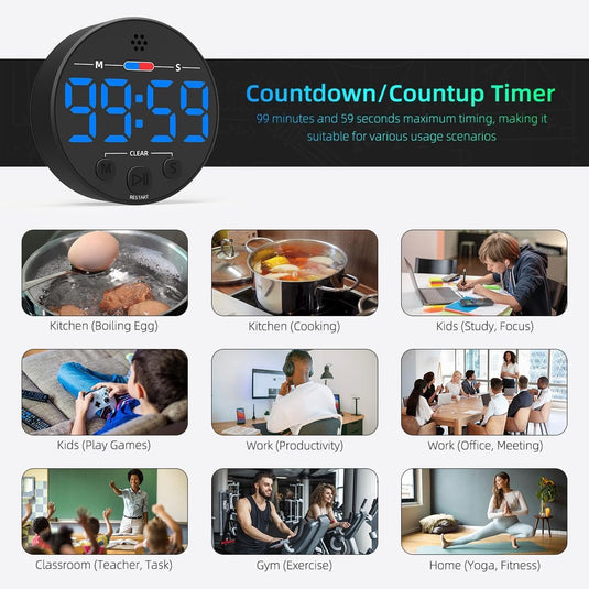 Translation missing: en.Digital Timer - Digital Kitchen Timer - Smart Timer - LED Display - Magnetic - Addition/Subtraction - Learn to Tell Time - Analog Kitchen Timer - Black