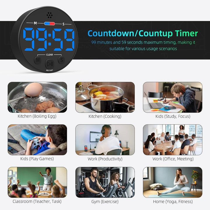 Translation missing: en.Digital Timer - Digital Kitchen Timer - Smart Timer - LED Display - Magnetic - Addition/Subtraction - Learn to Tell Time - Analog Kitchen Timer - Black