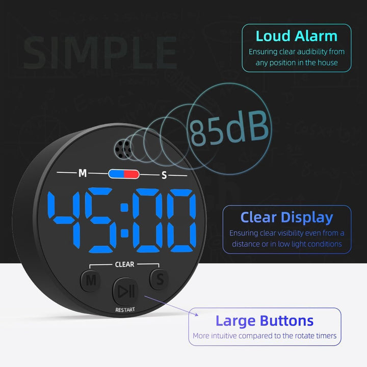 Translation missing: en.Digital Timer - Digital Kitchen Timer - Smart Timer - LED Display - Magnetic - Addition/Subtraction - Learn to Tell Time - Analog Kitchen Timer - Black