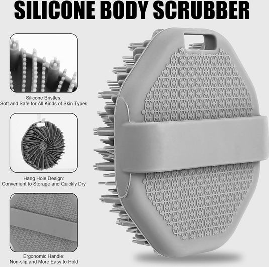 Translation missing: en.Silicone Bath Brush - 2 Pieces - Dry Brush Skin Brush - Back Scrubber - Body Scrubbers - Body Brush - Back Brush Shower - Shower Brush - Silicone Brush - Massage - Bath &amp; Shower Accessories - Easy Lathering - Ergonomic Handle - Grey