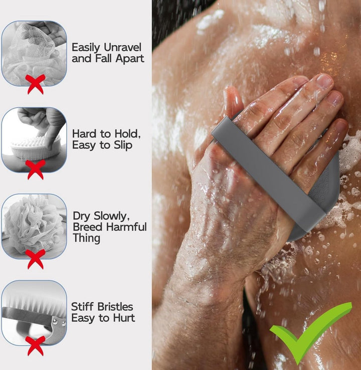 Translation missing: en.Silicone Bath Brush - 2 Pieces - Dry Brush Skin Brush - Back Scrubber - Body Scrubbers - Body Brush - Back Brush Shower - Shower Brush - Silicone Brush - Massage - Bath &amp; Shower Accessories - Easy Lathering - Ergonomic Handle - Grey