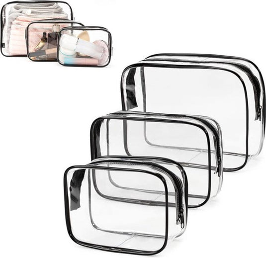 Translation missing: en.Transparent Travel Toiletry Bag Set - 3 Pieces - Toiletries Travel Bag - Makeup Bag - Makeup Pouches - Travel Organizers - Beauty Case - Travel Organizer - Transparent Packing Cubes Suitcase Organizer - Cosmetics Bag - Waterproof - Black/Transparent