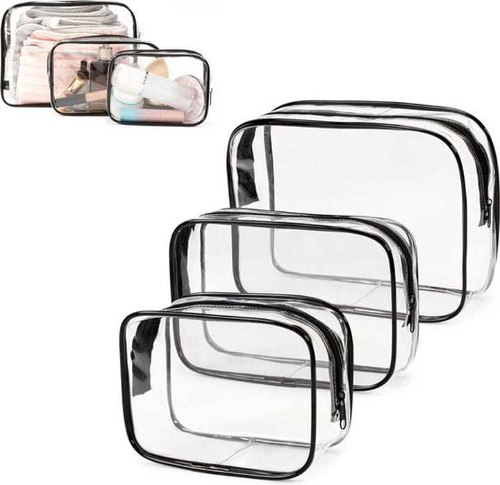 Translation missing: en.Transparent Travel Toiletry Bag Set - 3 Pieces - Toiletries Travel Bag - Makeup Bag - Makeup Pouches - Travel Organizers - Beauty Case - Travel Organizer - Transparent Packing Cubes Suitcase Organizer - Cosmetics Bag - Waterproof - Black/Transparent