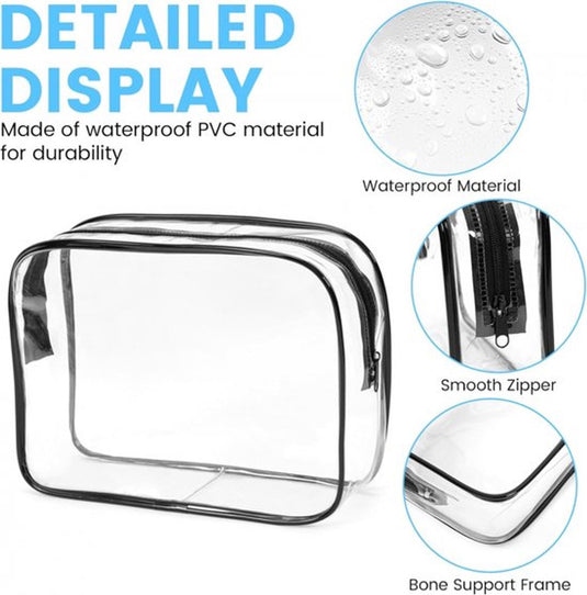 Translation missing: en.Transparent Travel Toiletry Bag Set - 3 Pieces - Toiletries Travel Bag - Makeup Bag - Makeup Pouches - Travel Organizers - Beauty Case - Travel Organizer - Transparent Packing Cubes Suitcase Organizer - Cosmetics Bag - Waterproof - Black/Transparent