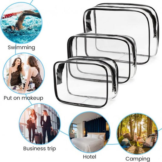 Translation missing: en.Transparent Travel Toiletry Bag Set - 3 Pieces - Toiletries Travel Bag - Makeup Bag - Makeup Pouches - Travel Organizers - Beauty Case - Travel Organizer - Transparent Packing Cubes Suitcase Organizer - Cosmetics Bag - Waterproof - Black/Transparent