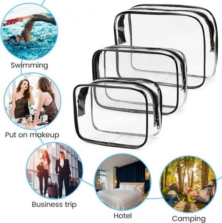 Translation missing: en.Transparent Travel Toiletry Bag Set - 3 Pieces - Toiletries Travel Bag - Makeup Bag - Makeup Pouches - Travel Organizers - Beauty Case - Travel Organizer - Transparent Packing Cubes Suitcase Organizer - Cosmetics Bag - Waterproof - Black/Transparent