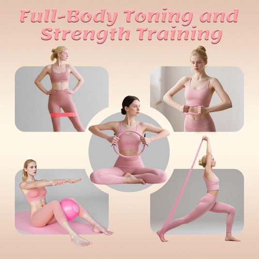 Translation missing: en.13-Piece Pilates Equipment Set for Women - Yoga &amp; Fitness Set - Home Pilates Training Set - Home Gym Set - Exercise Bands - Resistance Band - Exercise Ball - Beginner Yoga Set with Pilates Ring, 24 cm Yoga Ball, 5 Resistance Bands, Magic Circle