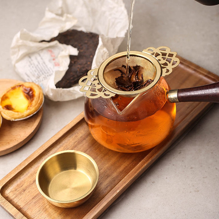 Translation missing: en.2 pieces - Tea strainer - Tea strainer - With handle and drip plate - gold - Tea filter for loose tea - Tea infuser - Stainless steel tea filter - 11.2*6.5*2.5cm