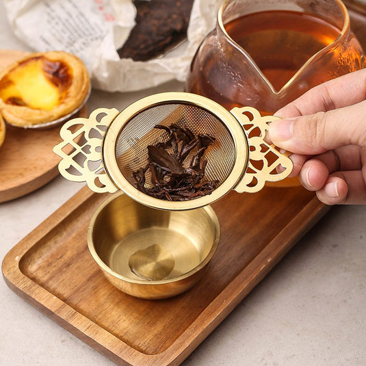 Translation missing: en.2 pieces - Tea strainer - Tea strainer - With handle and drip plate - gold - Tea filter for loose tea - Tea infuser - Stainless steel tea filter - 11.2*6.5*2.5cm
