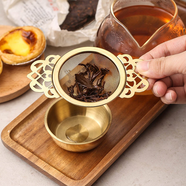 Translation missing: en.2 pieces - Tea strainer - Tea strainer - With handle and drip plate - gold - Tea filter for loose tea - Tea infuser - Stainless steel tea filter - 11.2*6.5*2.5cm