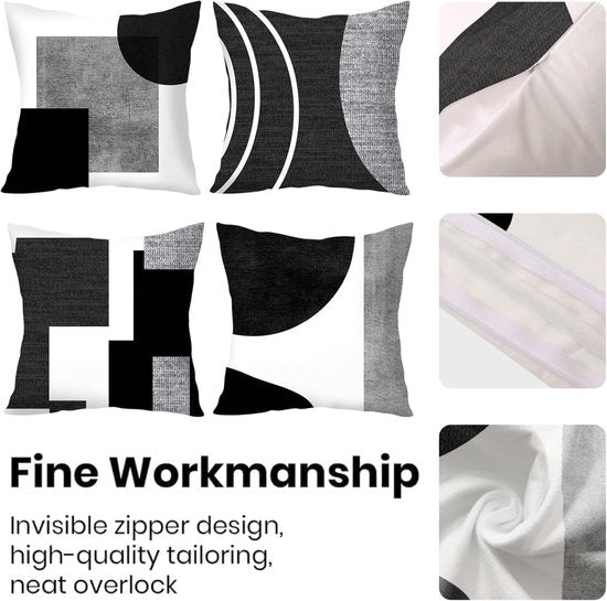 Translation missing: en.Pillowcase - 4-pack - Pillowcases with abstract geometric pattern - 45x45 cm - Pillowcases with zipper - Black and white pillowcases (pillow insert not included)