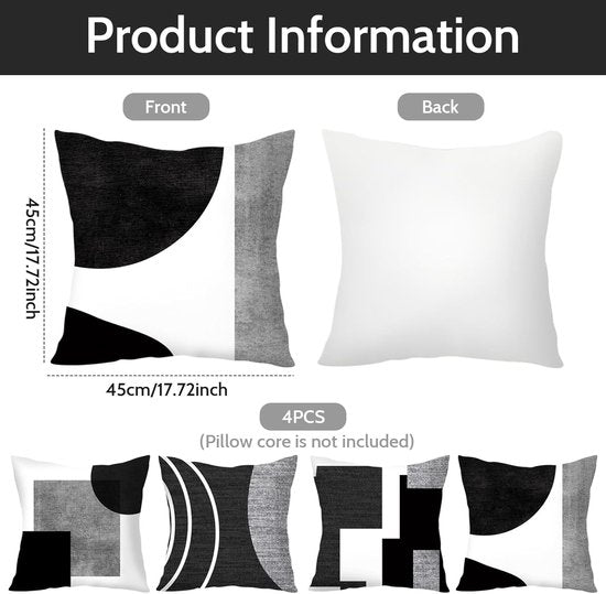 Translation missing: en.Pillowcase - 4-pack - Pillowcases with abstract geometric pattern - 45x45 cm - Pillowcases with zipper - Black and white pillowcases (pillow insert not included)