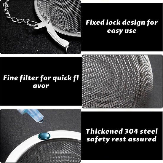 Translation missing: en.Tea filter - 3 pieces - Stainless steel tea filter - Tea ball filter - Tea filter pot - Infusion ball - Stainless steel tea filter - with extended chain hook - Round tea filter