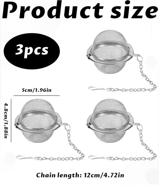 Translation missing: en.Tea filter - 3 pieces - Stainless steel tea filter - Tea ball filter - Tea filter pot - Infusion ball - Stainless steel tea filter - with extended chain hook - Round tea filter
