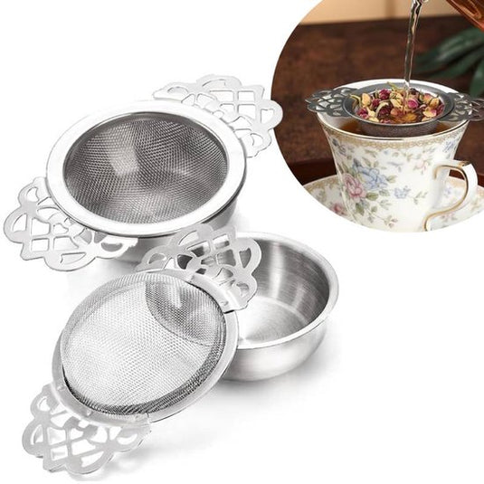 Translation missing: en.Tea Strainer - 2-piece set - Stainless steel tea infuser - Tea steeper with handle and drip cup - 6.5 cm - Mesh tea filter