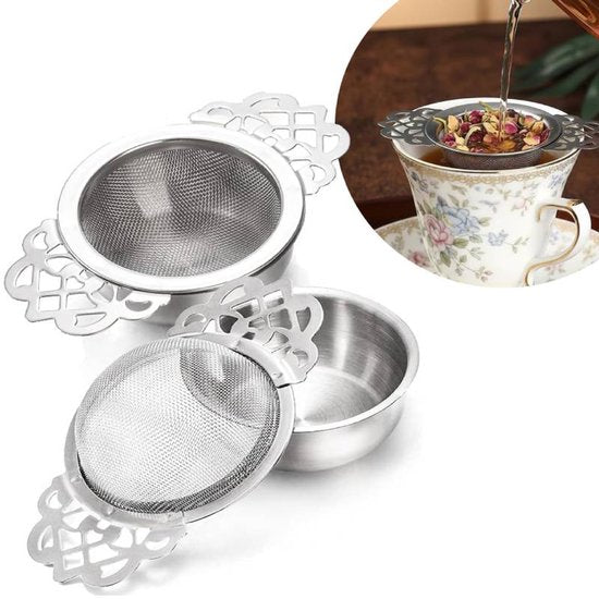 Translation missing: en.Tea Strainer - 2-piece set - Stainless steel tea infuser - Tea steeper with handle and drip cup - 6.5 cm - Mesh tea filter