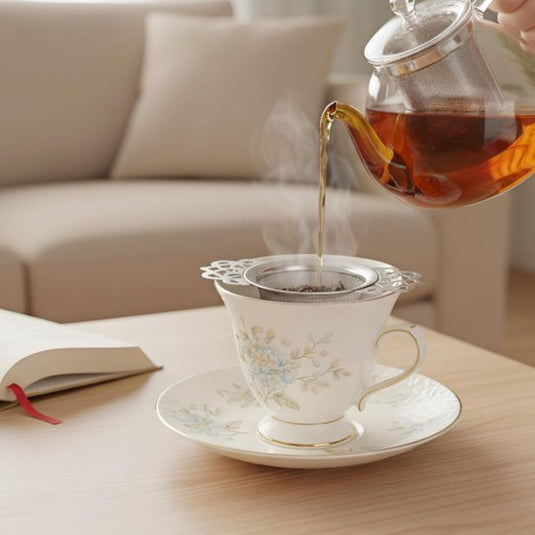 Translation missing: en.Tea Strainer - 2-piece set - Stainless steel tea infuser - Tea steeper with handle and drip cup - 6.5 cm - Mesh tea filter