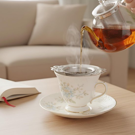 Translation missing: en.Tea Strainer - 2-piece set - Stainless steel tea infuser - Tea steeper with handle and drip cup - 6.5 cm - Mesh tea filter