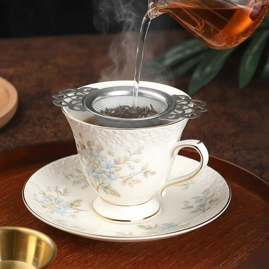 Translation missing: en.Tea Strainer - 2-piece set - Stainless steel tea infuser - Tea steeper with handle and drip cup - 6.5 cm - Mesh tea filter