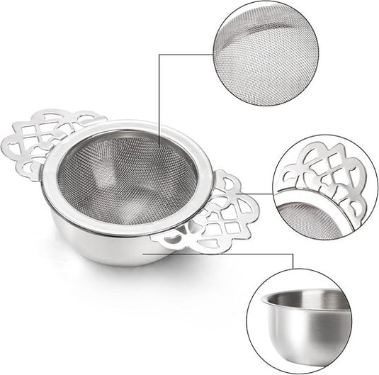 Translation missing: en.Tea Strainer - 2-piece set - Stainless steel tea infuser - Tea steeper with handle and drip cup - 6.5 cm - Mesh tea filter