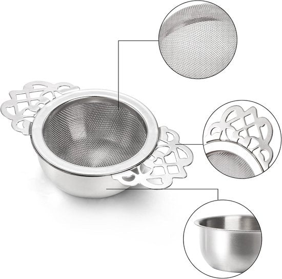 Translation missing: en.Tea Strainer - 2-piece set - Stainless steel tea infuser - Tea steeper with handle and drip cup - 6.5 cm - Mesh tea filter