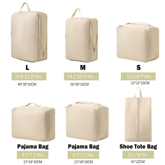 Translation missing: en.Packing Cubes - Suitcase Organizers - Travel Organizer Set - Luggage Organizer - Clothes Storage - Space Saving - Holiday Accessories - Shoe Bag - Laundry Bag - Backpacking - Travel Bag - Water-Repellent - Beige - 6 Pieces