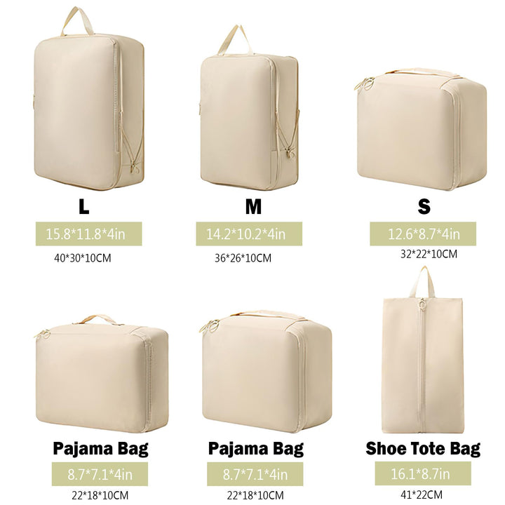 Translation missing: en.Packing Cubes - Suitcase Organizers - Travel Organizer Set - Luggage Organizer - Clothes Storage - Space Saving - Holiday Accessories - Shoe Bag - Laundry Bag - Backpacking - Travel Bag - Water-Repellent - Beige - 6 Pieces