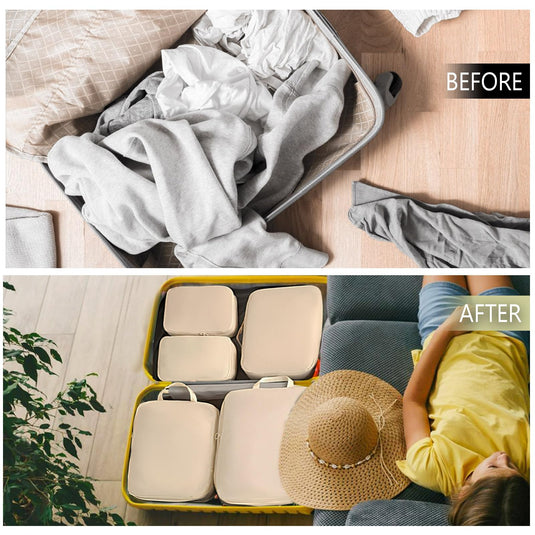 Translation missing: en.Packing Cubes - Suitcase Organizers - Travel Organizer Set - Luggage Organizer - Clothes Storage - Space Saving - Holiday Accessories - Shoe Bag - Laundry Bag - Backpacking - Travel Bag - Water-Repellent - Beige - 6 Pieces