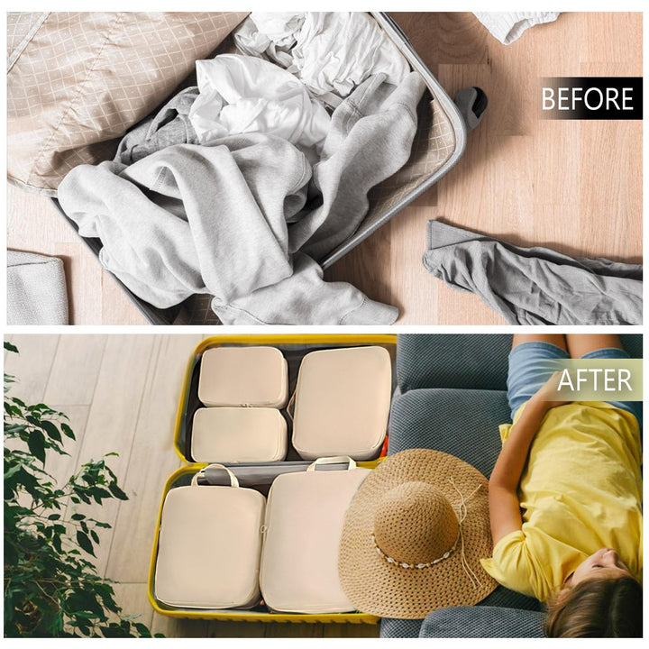 Translation missing: en.Packing Cubes - Suitcase Organizers - Travel Organizer Set - Luggage Organizer - Clothes Storage - Space Saving - Holiday Accessories - Shoe Bag - Laundry Bag - Backpacking - Travel Bag - Water-Repellent - Beige - 6 Pieces