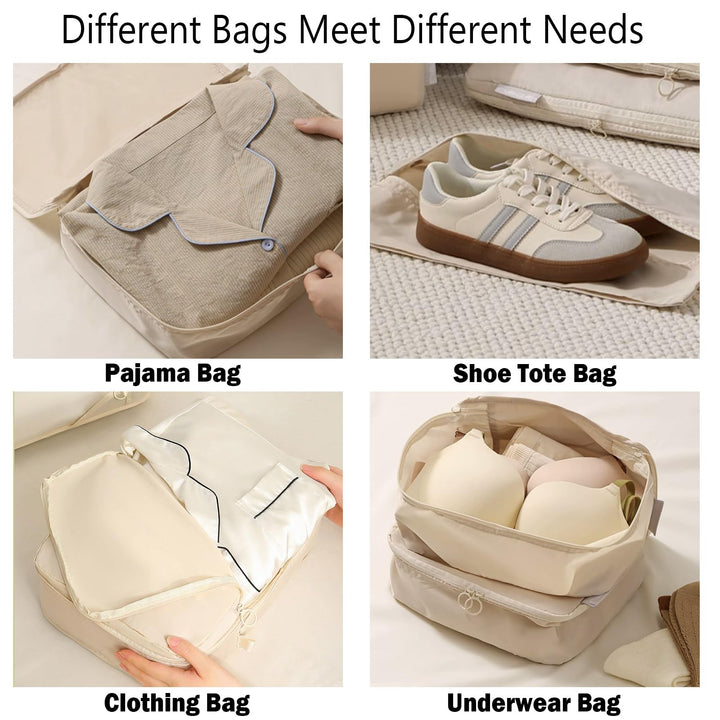Translation missing: en.Packing Cubes - Suitcase Organizers - Travel Organizer Set - Luggage Organizer - Clothes Storage - Space Saving - Holiday Accessories - Shoe Bag - Laundry Bag - Backpacking - Travel Bag - Water-Repellent - Beige - 6 Pieces