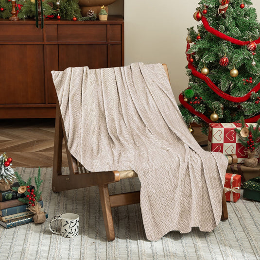 Translation missing: en.Christmas Solid Color Blanket, 59x39" Soft Warm Throw Blanket, Light-weight Plush Throw Blanket for Bed Sofa Camping Airplane Holiday Beige