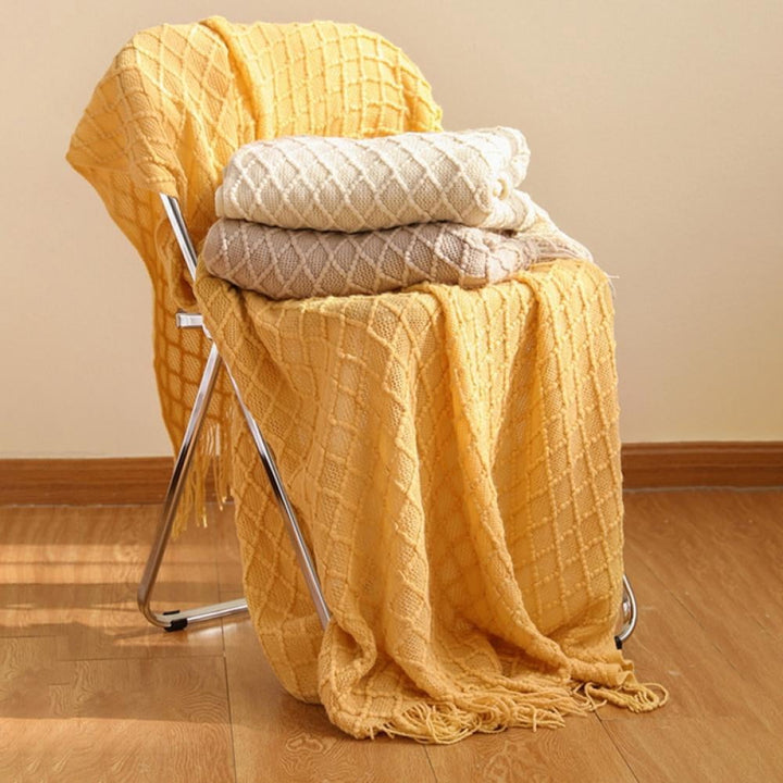 Translation missing: en.Throw Blanket for Couch 50 x 60 inches Knit Woven Blankets Cozy Lightweight Decorative Throw for Bed and Living Room,Beige Yellow