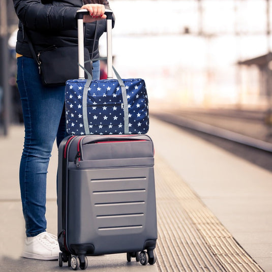 Translation missing: en.Kdkad Foldable Travel Duffel Bag, Tote Carry On Luggage Sport Duffle Weekend Overnight for Women and Girls, Gym Bag Waterproof Foldable Duffel Bag 19.1×5.8×9.8 in Dark Blue