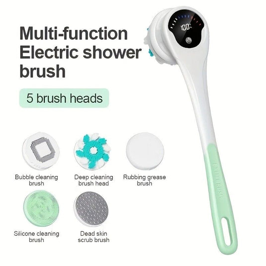 Translation missing: en.Multi-Function Electric Body Brush: 360° Rotation, Auto-Cleaning, 5 Brush Heads, 3-Speed Adjustment, Wet &amp; Dry Use for Home Spa Experience.GREEN