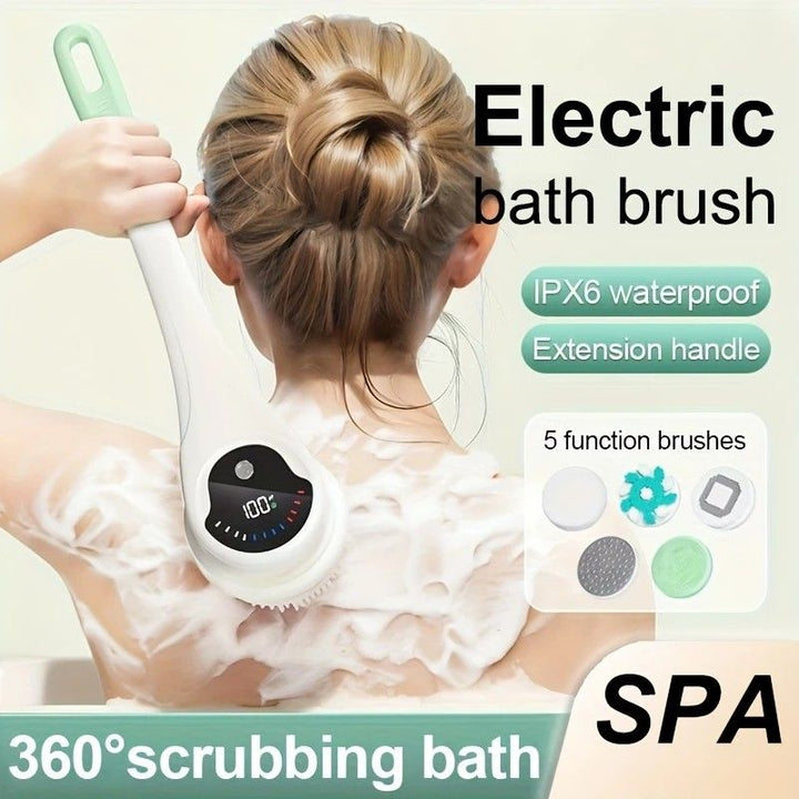 Translation missing: en.Multi-Function Electric Body Brush: 360° Rotation, Auto-Cleaning, 5 Brush Heads, 3-Speed Adjustment, Wet &amp; Dry Use for Home Spa Experience.GREEN