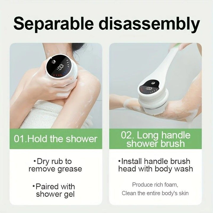 Translation missing: en.Multi-Function Electric Body Brush: 360° Rotation, Auto-Cleaning, 5 Brush Heads, 3-Speed Adjustment, Wet &amp; Dry Use for Home Spa Experience.GREEN