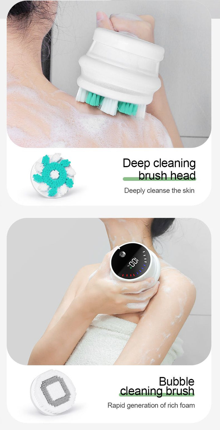 Translation missing: en.Multi-Function Electric Body Brush: 360° Rotation, Auto-Cleaning, 5 Brush Heads, 3-Speed Adjustment, Wet &amp; Dry Use for Home Spa Experience.GREEN